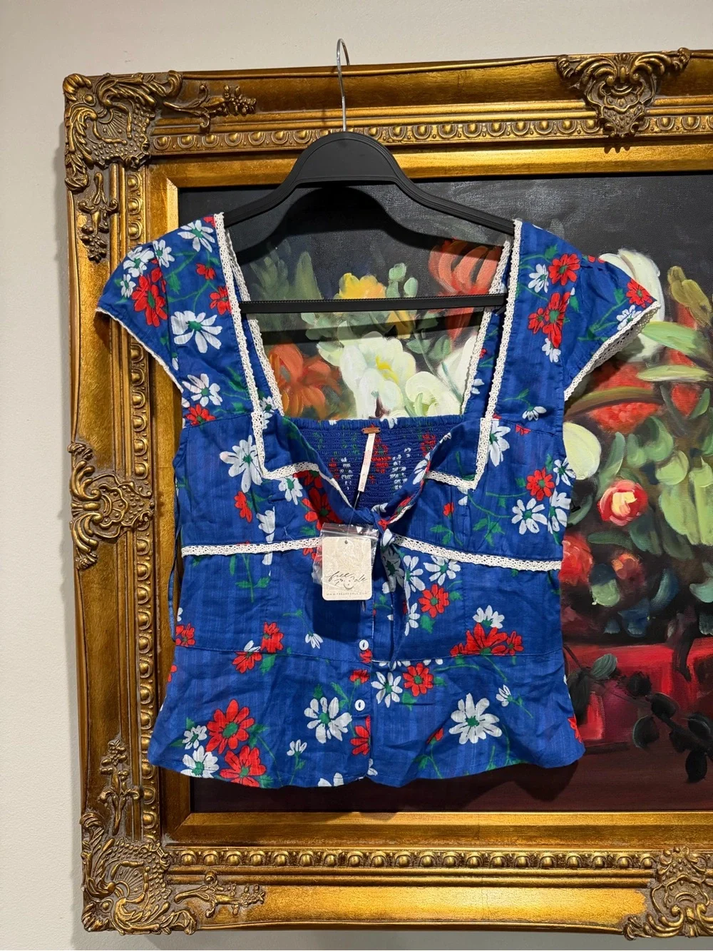 Free People Blue Floral Tie-Front Crop Blouse
